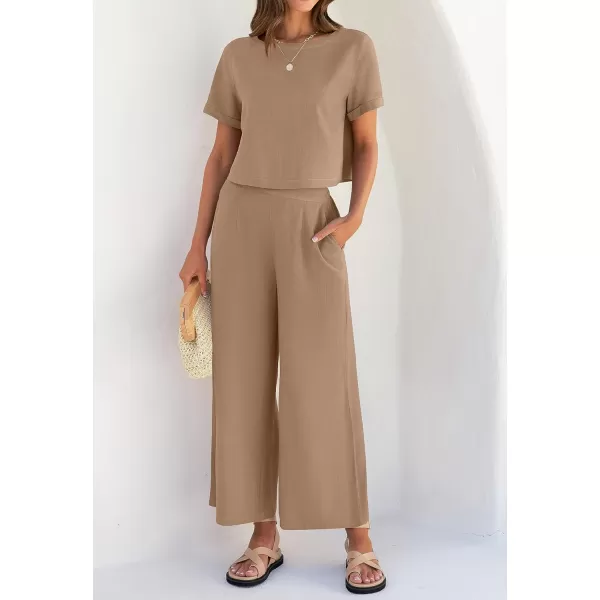 imageZESICA Womens 2 Piece Outfits Linen Short Sleeve Crop Top and High Waist Pants Lounge Matching Set 2023 Trendy ClothesKhaki