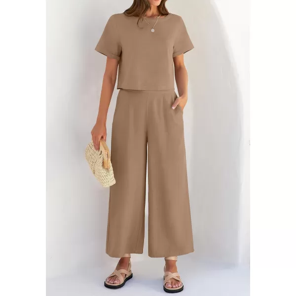 imageZESICA Womens 2 Piece Outfits Linen Short Sleeve Crop Top and High Waist Pants Lounge Matching Set 2023 Trendy ClothesKhaki