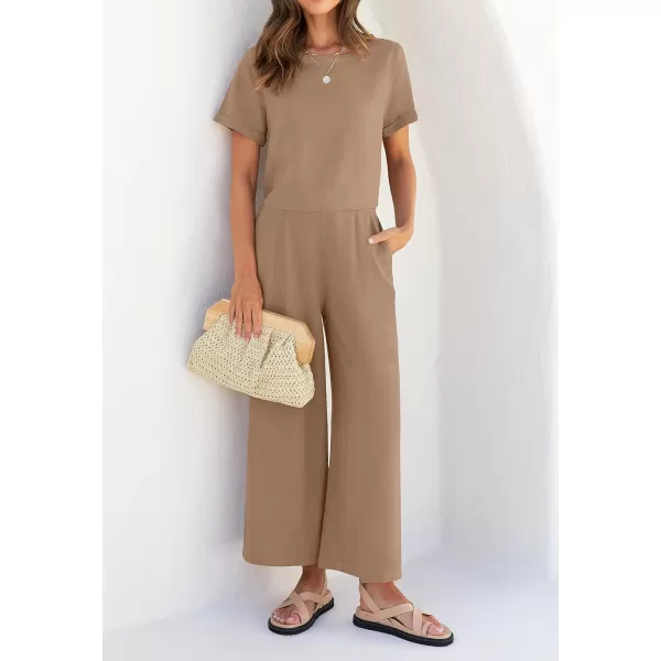 imageZESICA Womens 2 Piece Outfits Linen Short Sleeve Crop Top and High Waist Pants Lounge Matching Set 2023 Trendy ClothesKhaki