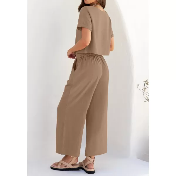 imageZESICA Womens 2 Piece Outfits Linen Short Sleeve Crop Top and High Waist Pants Lounge Matching Set 2023 Trendy ClothesKhaki