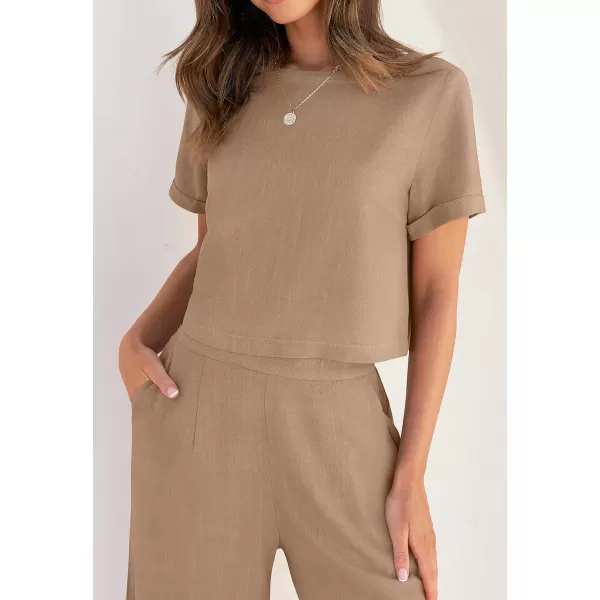 imageZESICA Womens 2 Piece Outfits Linen Short Sleeve Crop Top and High Waist Pants Lounge Matching Set 2023 Trendy ClothesKhaki