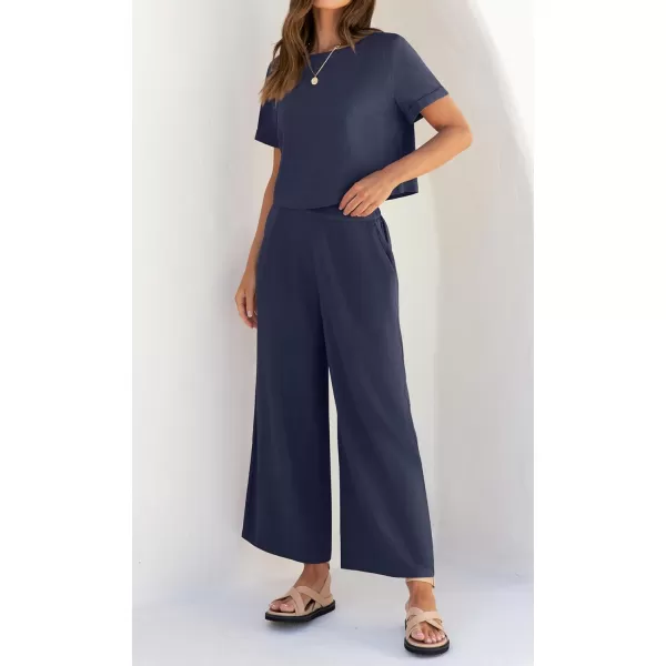 imageZESICA Womens 2 Piece Outfits Linen Short Sleeve Crop Top and High Waist Pants Lounge Matching Set 2023 Trendy ClothesNavy
