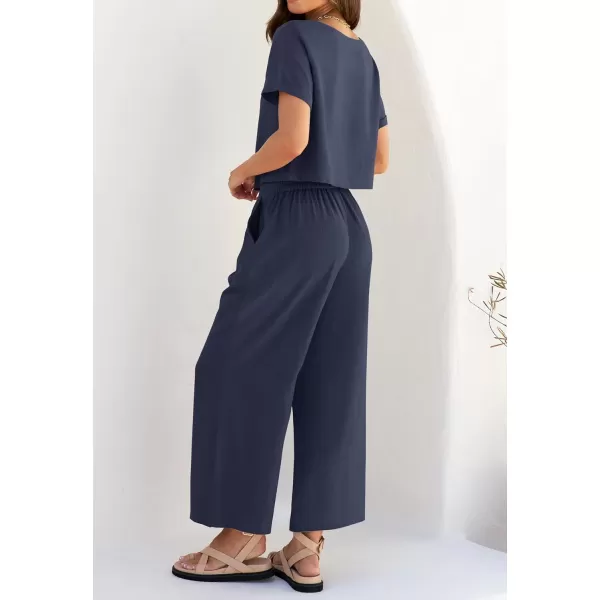 imageZESICA Womens 2 Piece Outfits Linen Short Sleeve Crop Top and High Waist Pants Lounge Matching Set 2023 Trendy ClothesNavy