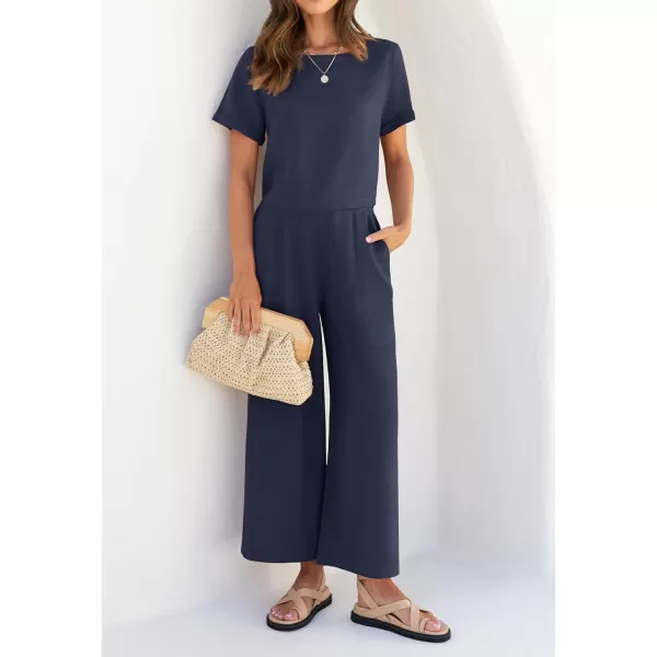 imageZESICA Womens 2 Piece Outfits Linen Short Sleeve Crop Top and High Waist Pants Lounge Matching Set 2023 Trendy ClothesNavy