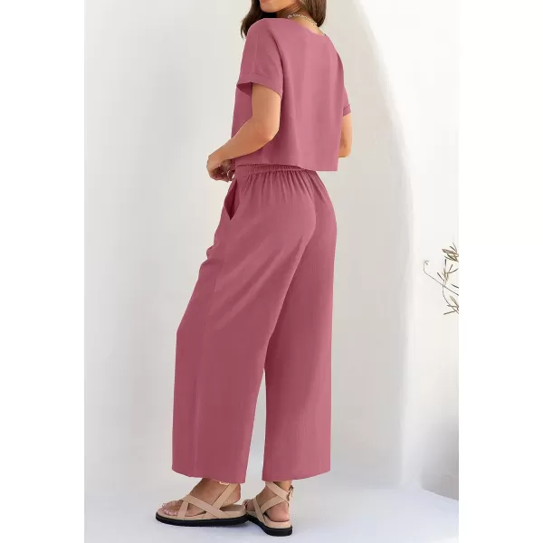 imageZESICA Womens 2 Piece Outfits Linen Short Sleeve Crop Top and High Waist Pants Lounge Matching Set 2023 Trendy ClothesPlum