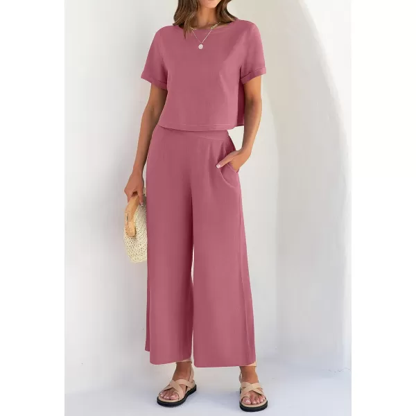 imageZESICA Womens 2 Piece Outfits Linen Short Sleeve Crop Top and High Waist Pants Lounge Matching Set 2023 Trendy ClothesPlum