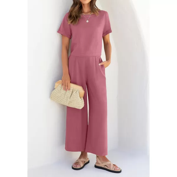 imageZESICA Womens 2 Piece Outfits Linen Short Sleeve Crop Top and High Waist Pants Lounge Matching Set 2023 Trendy ClothesPlum