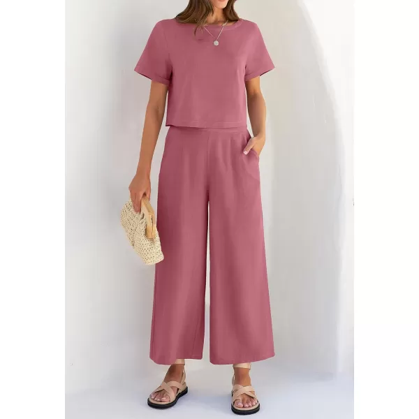 imageZESICA Womens 2 Piece Outfits Linen Short Sleeve Crop Top and High Waist Pants Lounge Matching Set 2023 Trendy ClothesPlum