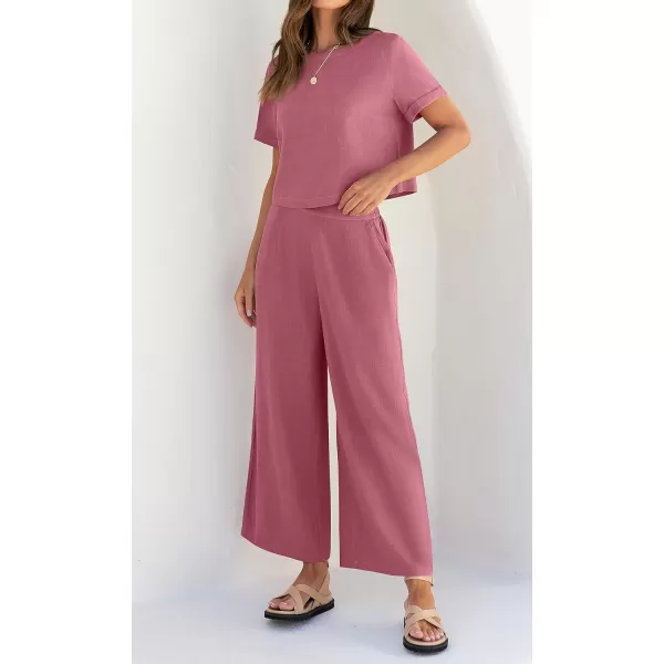 imageZESICA Womens 2 Piece Outfits Linen Short Sleeve Crop Top and High Waist Pants Lounge Matching Set 2023 Trendy ClothesPlum