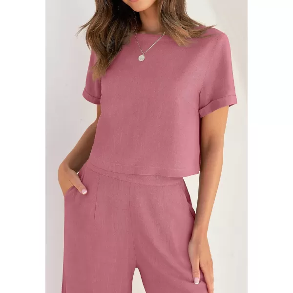 imageZESICA Womens 2 Piece Outfits Linen Short Sleeve Crop Top and High Waist Pants Lounge Matching Set 2023 Trendy ClothesPlum