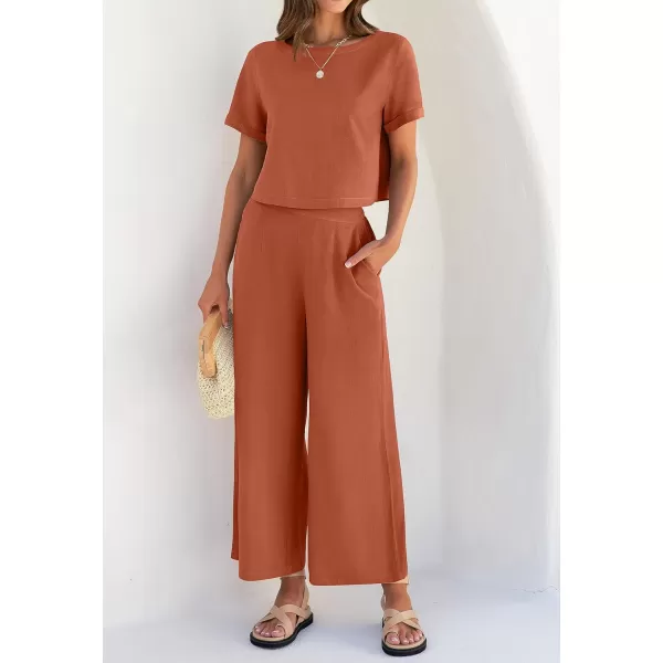 imageZESICA Womens 2 Piece Outfits Linen Short Sleeve Crop Top and High Waist Pants Lounge Matching Set 2023 Trendy ClothesRust