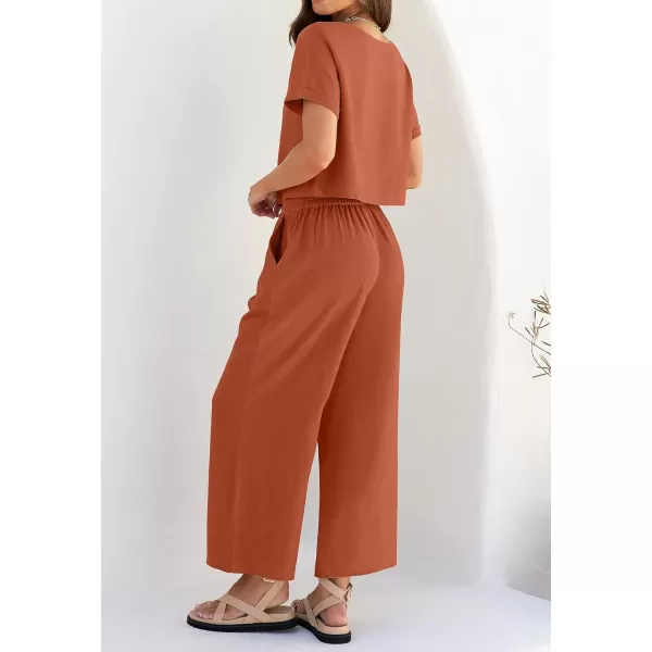 imageZESICA Womens 2 Piece Outfits Linen Short Sleeve Crop Top and High Waist Pants Lounge Matching Set 2023 Trendy ClothesRust