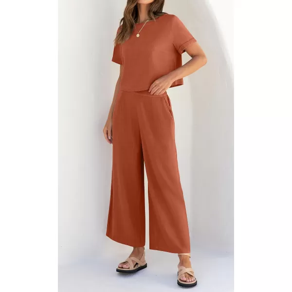 imageZESICA Womens 2 Piece Outfits Linen Short Sleeve Crop Top and High Waist Pants Lounge Matching Set 2023 Trendy ClothesRust