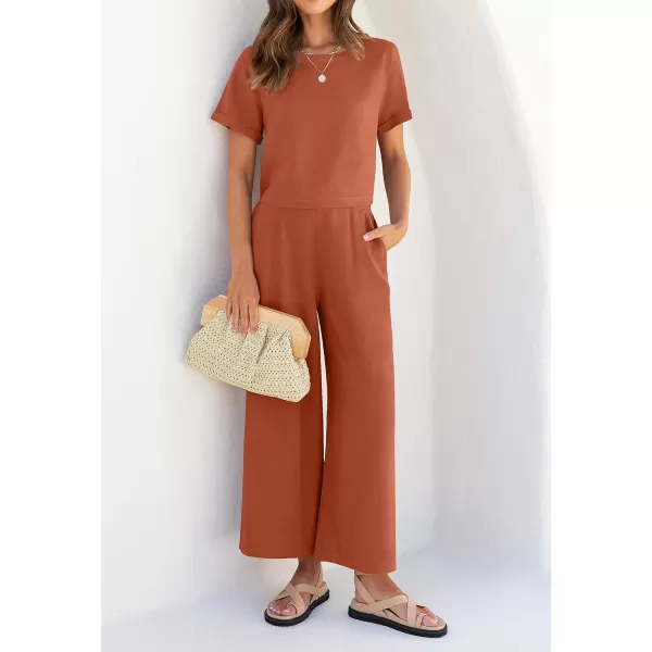 imageZESICA Womens 2 Piece Outfits Linen Short Sleeve Crop Top and High Waist Pants Lounge Matching Set 2023 Trendy ClothesRust