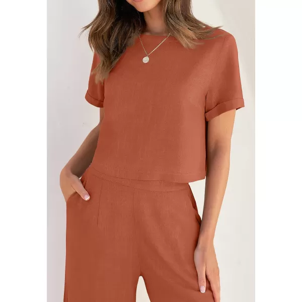 imageZESICA Womens 2 Piece Outfits Linen Short Sleeve Crop Top and High Waist Pants Lounge Matching Set 2023 Trendy ClothesRust