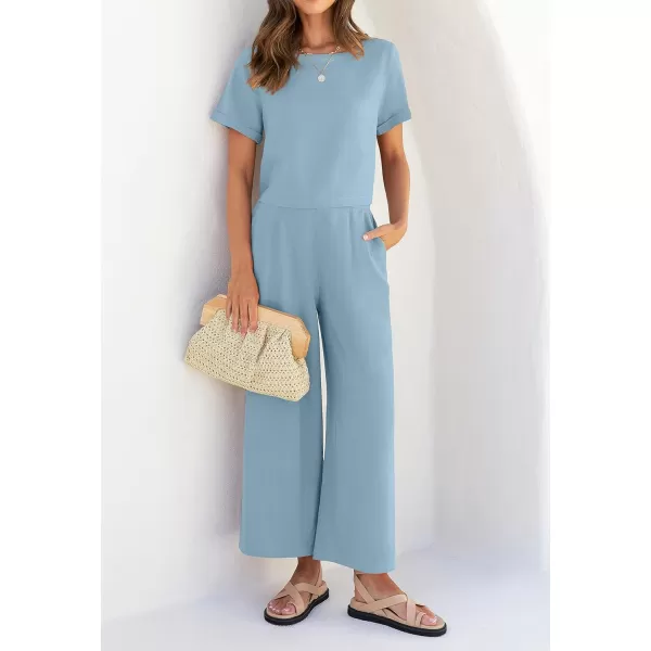 imageZESICA Womens 2 Piece Outfits Linen Short Sleeve Crop Top and High Waist Pants Lounge Matching Set 2023 Trendy ClothesSkyblue
