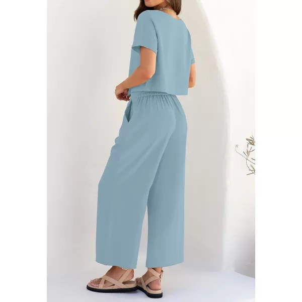imageZESICA Womens 2 Piece Outfits Linen Short Sleeve Crop Top and High Waist Pants Lounge Matching Set 2023 Trendy ClothesSkyblue
