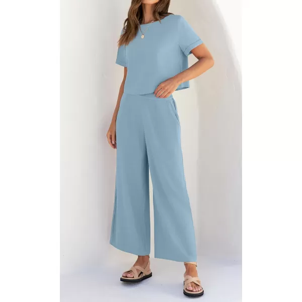 imageZESICA Womens 2 Piece Outfits Linen Short Sleeve Crop Top and High Waist Pants Lounge Matching Set 2023 Trendy ClothesSkyblue