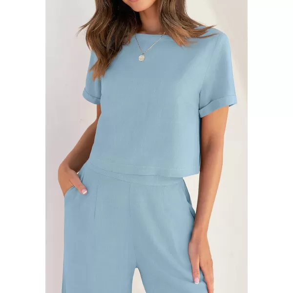 imageZESICA Womens 2 Piece Outfits Linen Short Sleeve Crop Top and High Waist Pants Lounge Matching Set 2023 Trendy ClothesSkyblue