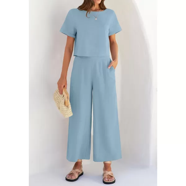 imageZESICA Womens 2 Piece Outfits Linen Short Sleeve Crop Top and High Waist Pants Lounge Matching Set 2023 Trendy ClothesSkyblue