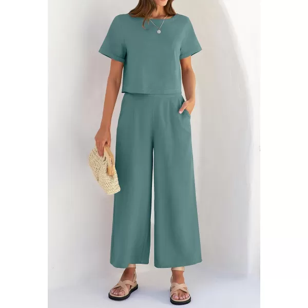imageZESICA Womens 2 Piece Outfits Linen Short Sleeve Crop Top and High Waist Pants Lounge Matching Set 2023 Trendy ClothesTeal