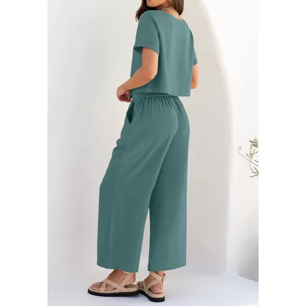 imageZESICA Womens 2 Piece Outfits Linen Short Sleeve Crop Top and High Waist Pants Lounge Matching Set 2023 Trendy ClothesTeal