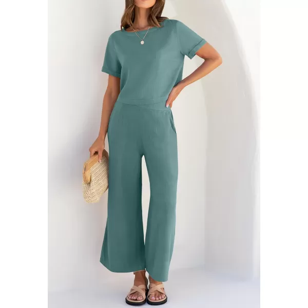 imageZESICA Womens 2 Piece Outfits Linen Short Sleeve Crop Top and High Waist Pants Lounge Matching Set 2023 Trendy ClothesTeal