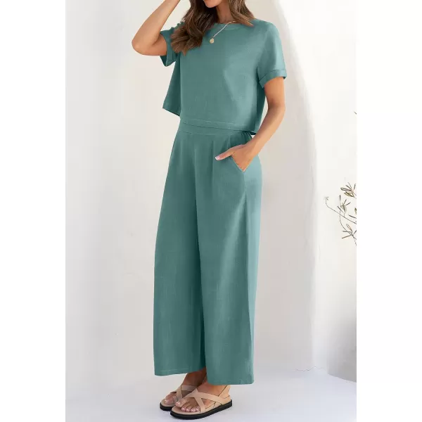 imageZESICA Womens 2 Piece Outfits Linen Short Sleeve Crop Top and High Waist Pants Lounge Matching Set 2023 Trendy ClothesTeal