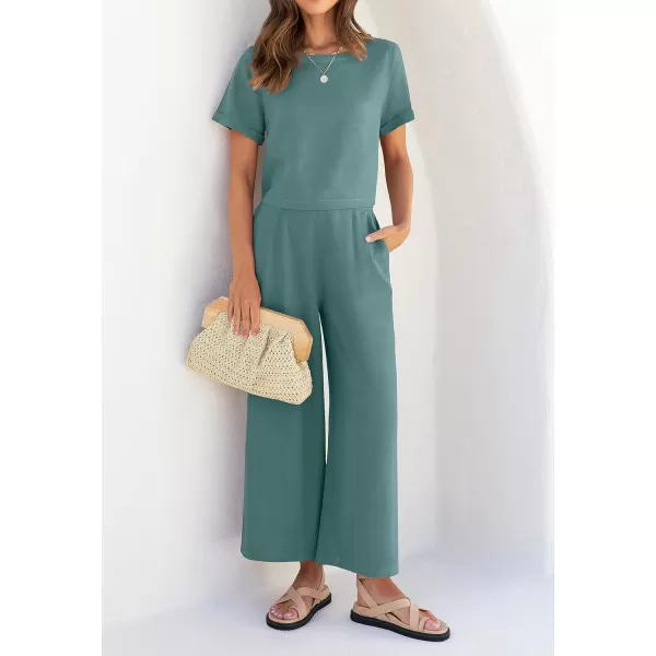 imageZESICA Womens 2 Piece Outfits Linen Short Sleeve Crop Top and High Waist Pants Lounge Matching Set 2023 Trendy ClothesTeal