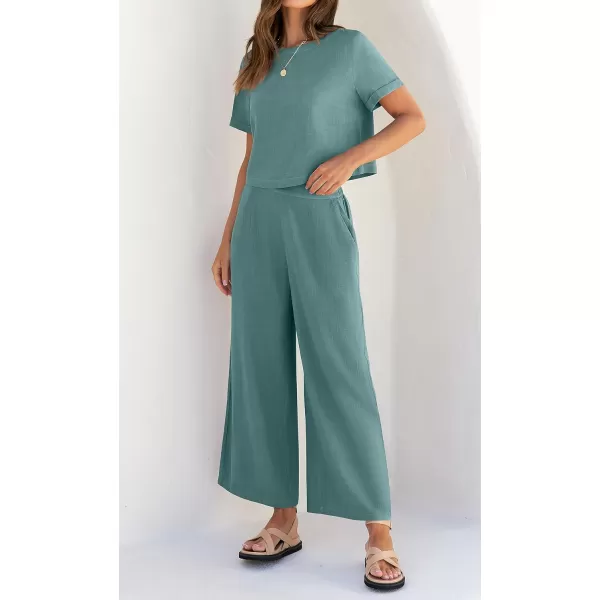 imageZESICA Womens 2 Piece Outfits Linen Short Sleeve Crop Top and High Waist Pants Lounge Matching Set 2023 Trendy ClothesTeal