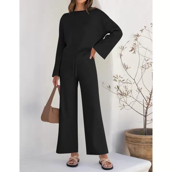 imageZESICA Womens 2 Piece Outfits Set 2023 Casual Long Sleeve Knit Pullover Top and Wide Leg Pants Sweatsuit Lounge SetsBlack