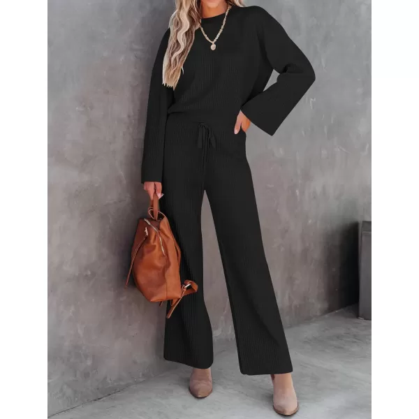 imageZESICA Womens 2 Piece Outfits Set 2023 Casual Long Sleeve Knit Pullover Top and Wide Leg Pants Sweatsuit Lounge SetsBlack