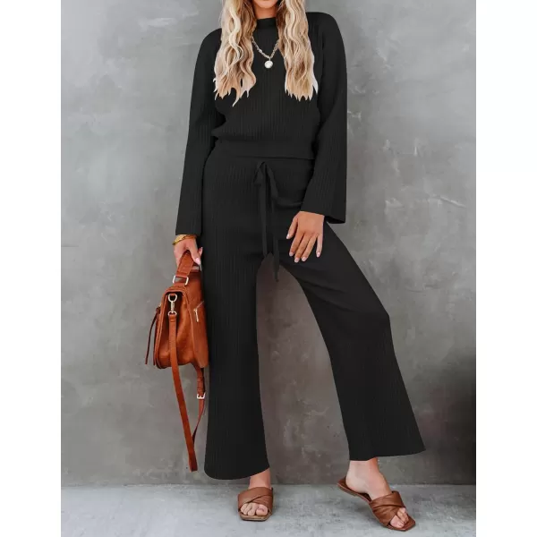 imageZESICA Womens 2 Piece Outfits Set 2023 Casual Long Sleeve Knit Pullover Top and Wide Leg Pants Sweatsuit Lounge SetsBlack