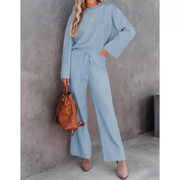 imageZESICA Womens 2 Piece Outfits Set 2023 Casual Long Sleeve Knit Pullover Top and Wide Leg Pants Sweatsuit Lounge SetsBlue