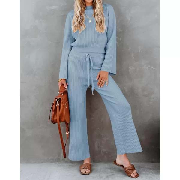 imageZESICA Womens 2 Piece Outfits Set 2023 Casual Long Sleeve Knit Pullover Top and Wide Leg Pants Sweatsuit Lounge SetsBlue