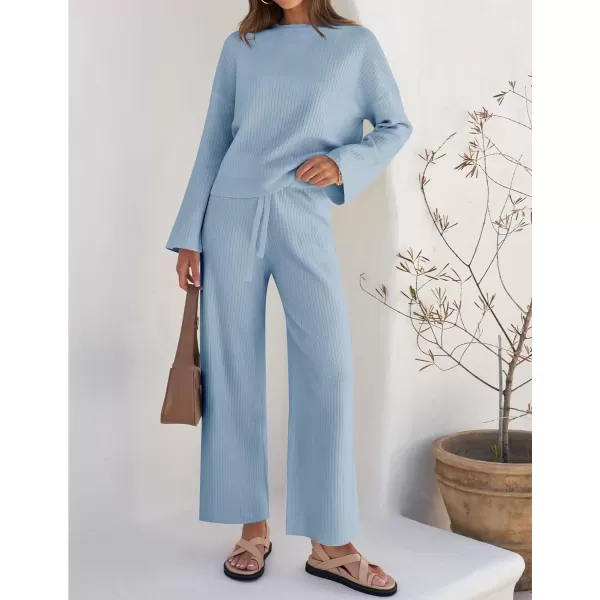 imageZESICA Womens 2 Piece Outfits Set 2023 Casual Long Sleeve Knit Pullover Top and Wide Leg Pants Sweatsuit Lounge SetsBlue