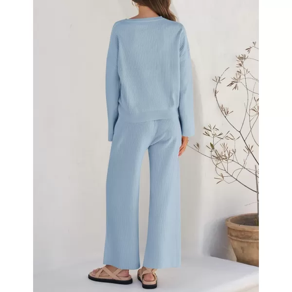 imageZESICA Womens 2 Piece Outfits Set 2023 Casual Long Sleeve Knit Pullover Top and Wide Leg Pants Sweatsuit Lounge SetsBlue