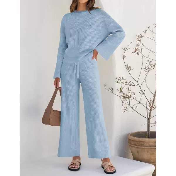 imageZESICA Womens 2 Piece Outfits Set 2023 Casual Long Sleeve Knit Pullover Top and Wide Leg Pants Sweatsuit Lounge SetsBlue