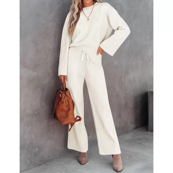 imageZESICA Womens 2 Piece Outfits Set 2023 Casual Long Sleeve Knit Pullover Top and Wide Leg Pants Sweatsuit Lounge SetsCream