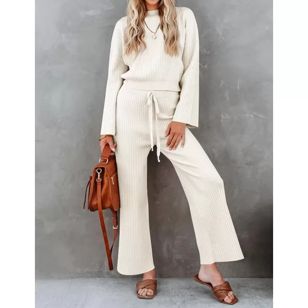 imageZESICA Womens 2 Piece Outfits Set 2023 Casual Long Sleeve Knit Pullover Top and Wide Leg Pants Sweatsuit Lounge SetsCream