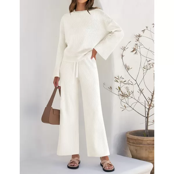 imageZESICA Womens 2 Piece Outfits Set 2023 Casual Long Sleeve Knit Pullover Top and Wide Leg Pants Sweatsuit Lounge SetsCream