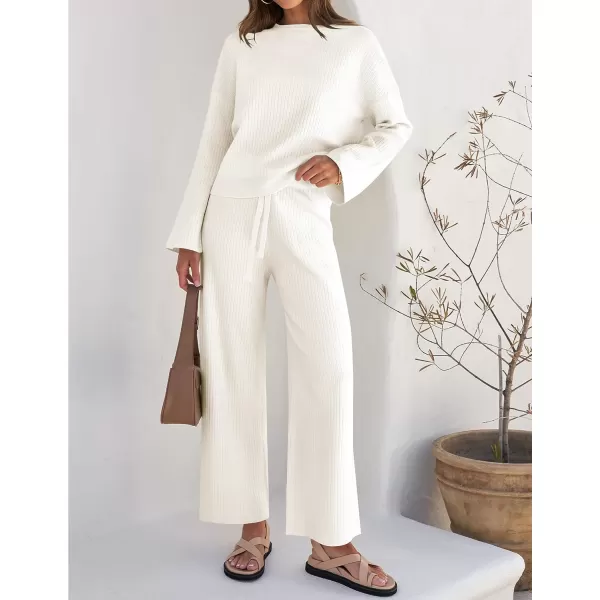 imageZESICA Womens 2 Piece Outfits Set 2023 Casual Long Sleeve Knit Pullover Top and Wide Leg Pants Sweatsuit Lounge SetsCream