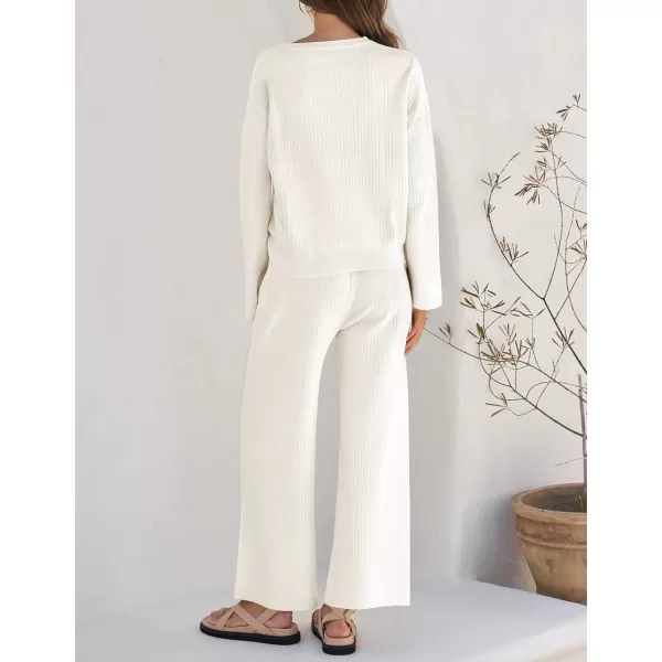 imageZESICA Womens 2 Piece Outfits Set 2023 Casual Long Sleeve Knit Pullover Top and Wide Leg Pants Sweatsuit Lounge SetsCream