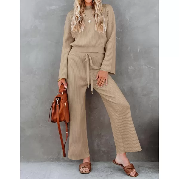 imageZESICA Womens 2 Piece Outfits Set 2023 Casual Long Sleeve Knit Pullover Top and Wide Leg Pants Sweatsuit Lounge SetsKhaki