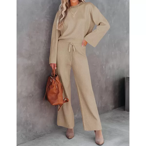imageZESICA Womens 2 Piece Outfits Set 2023 Casual Long Sleeve Knit Pullover Top and Wide Leg Pants Sweatsuit Lounge SetsKhaki