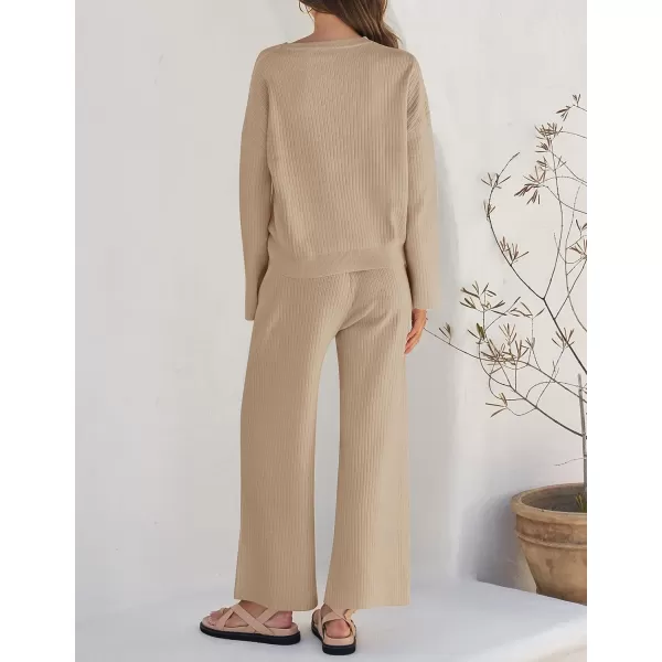 imageZESICA Womens 2 Piece Outfits Set 2023 Casual Long Sleeve Knit Pullover Top and Wide Leg Pants Sweatsuit Lounge SetsKhaki
