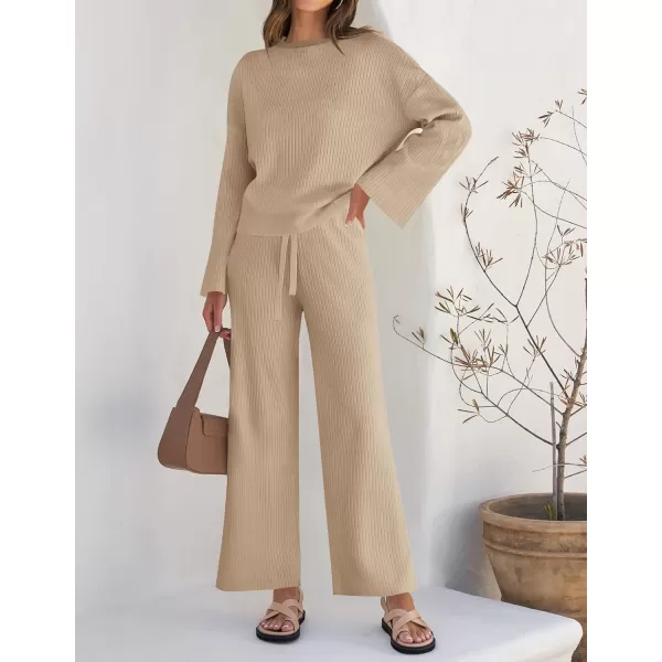 imageZESICA Womens 2 Piece Outfits Set 2023 Casual Long Sleeve Knit Pullover Top and Wide Leg Pants Sweatsuit Lounge SetsKhaki