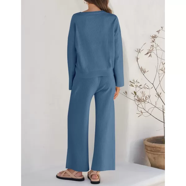 imageZESICA Womens 2 Piece Outfits Set 2023 Casual Long Sleeve Knit Pullover Top and Wide Leg Pants Sweatsuit Lounge SetsNavy