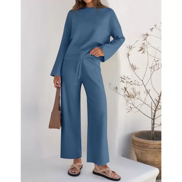 imageZESICA Womens 2 Piece Outfits Set 2023 Casual Long Sleeve Knit Pullover Top and Wide Leg Pants Sweatsuit Lounge SetsNavy