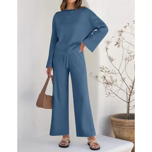 imageZESICA Womens 2 Piece Outfits Set 2023 Casual Long Sleeve Knit Pullover Top and Wide Leg Pants Sweatsuit Lounge SetsNavy